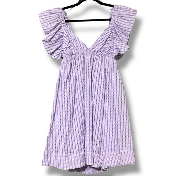 Day + Moon large lilac check ruffle sleeve with tie back lined dress w/pockets - Picture 1 of 12